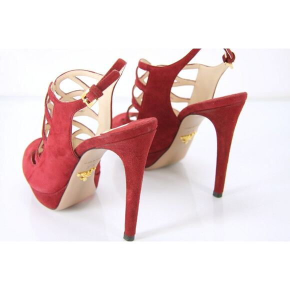 Prada Caged Red Suede Strappy Platform Open Toe Sandals - Picture 6 of 11